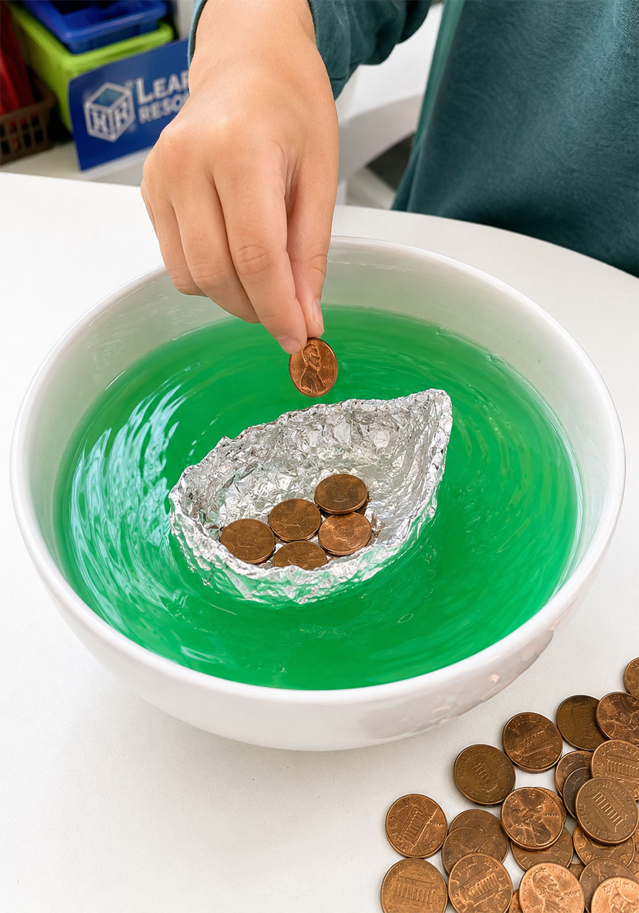 Child adds a penny to a floating foil boat to test how much weight it can hold before sinking
