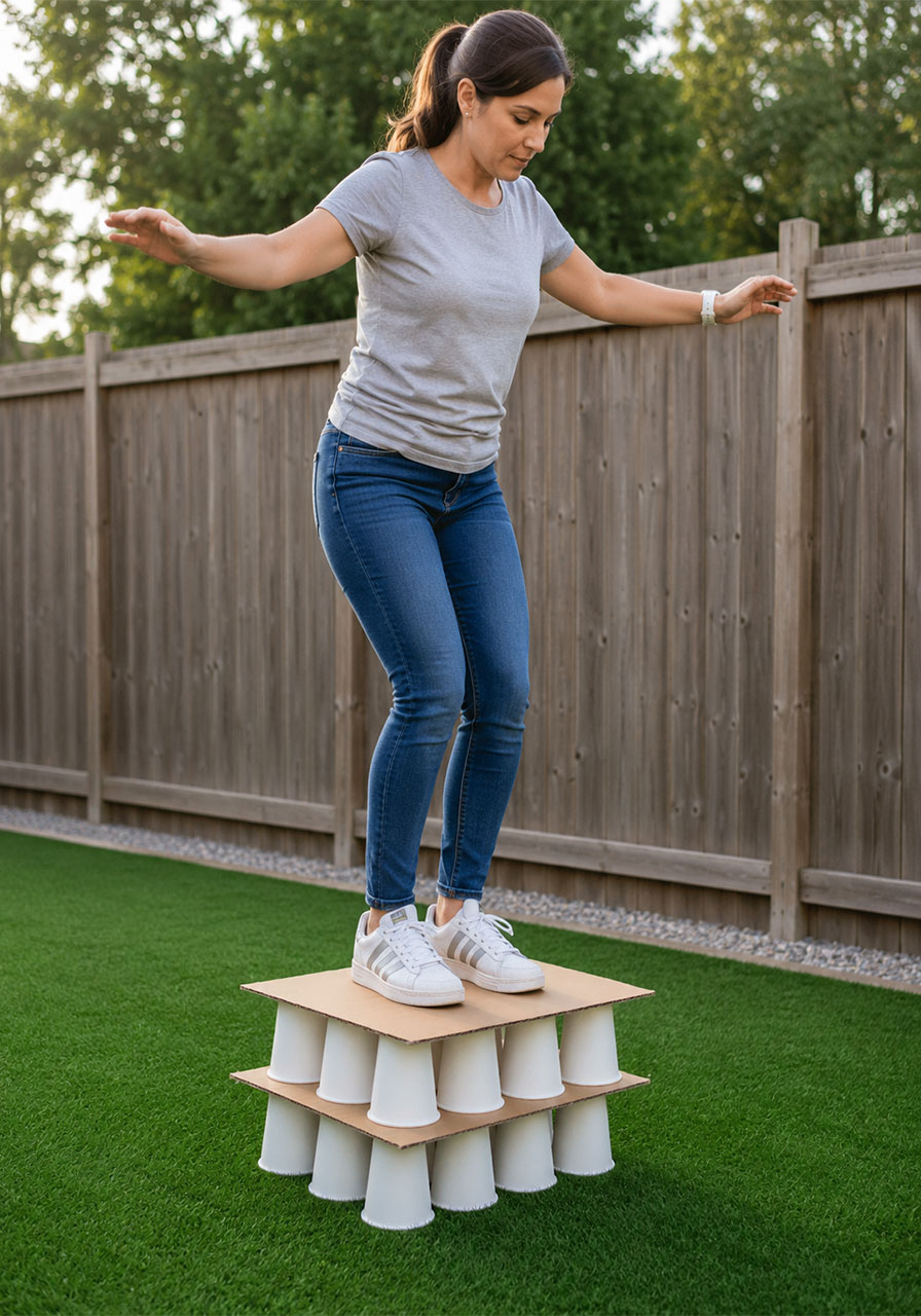 Adult testing whether the paper cup tower holds more weight than a child