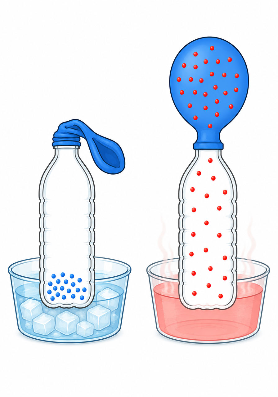 Diagram showing how air molecules spread apart when heated and cluster together when cooled