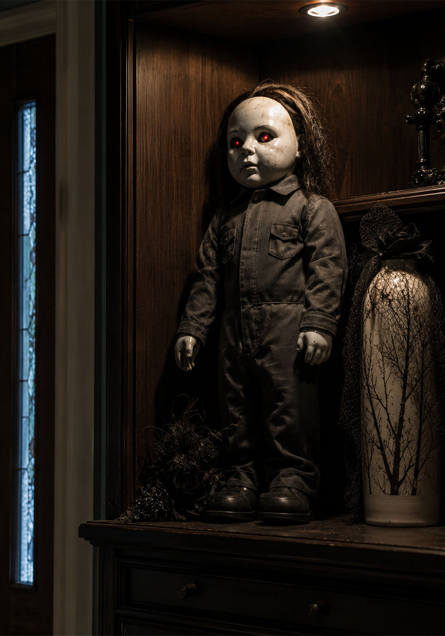 Animatronic horror-inspired doll displayed on an entryway shelf for Halloween