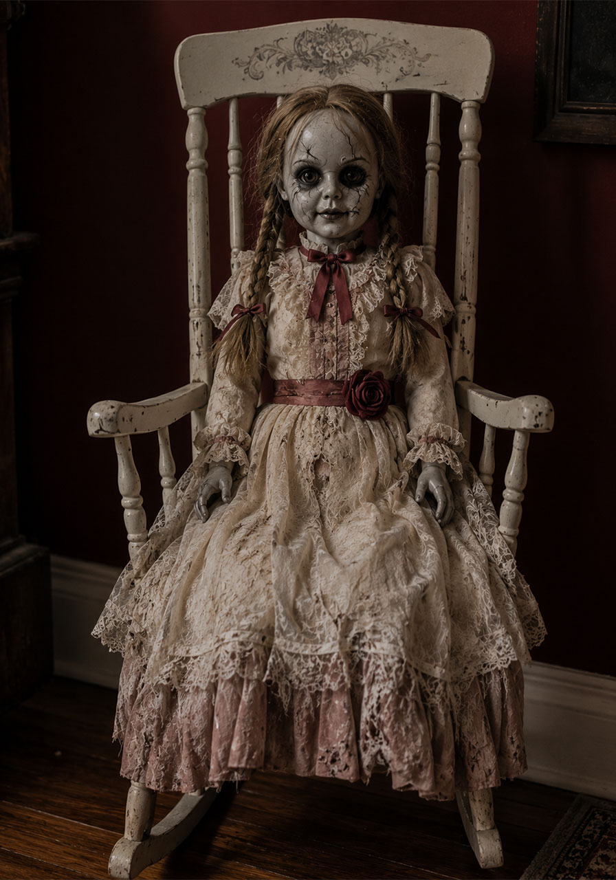 Annabelle-inspired creepy doll seated in a rocking chair for Halloween decoration