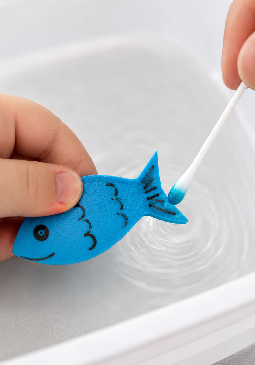 Applying dish soap to foam fish tail to activate surface tension science experiment