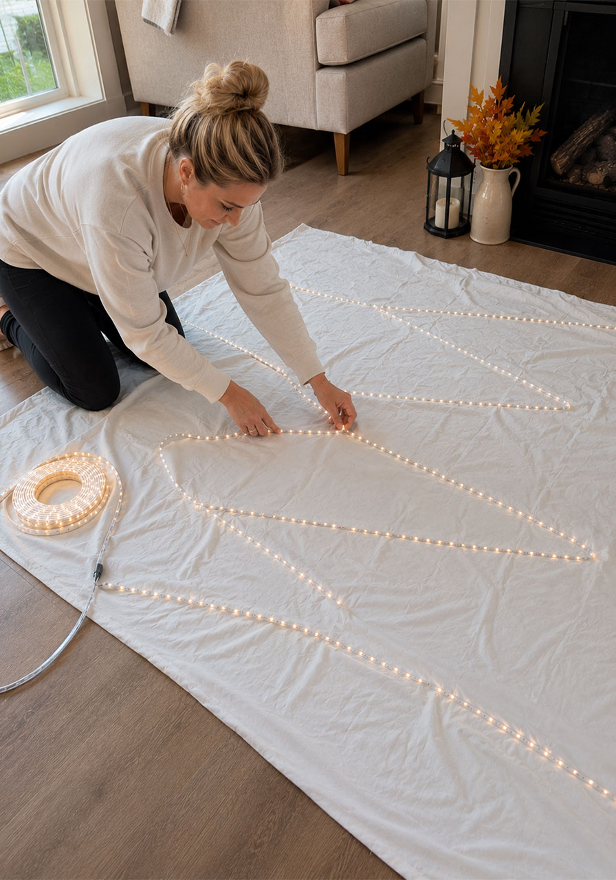 Attaching LED rope lights to a sheet for a Halloween cloud ceiling DIY