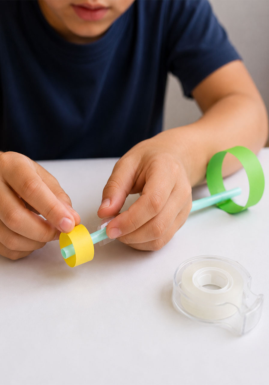 Attaching the small front loop and large back loop to a straw to build a hoop glider