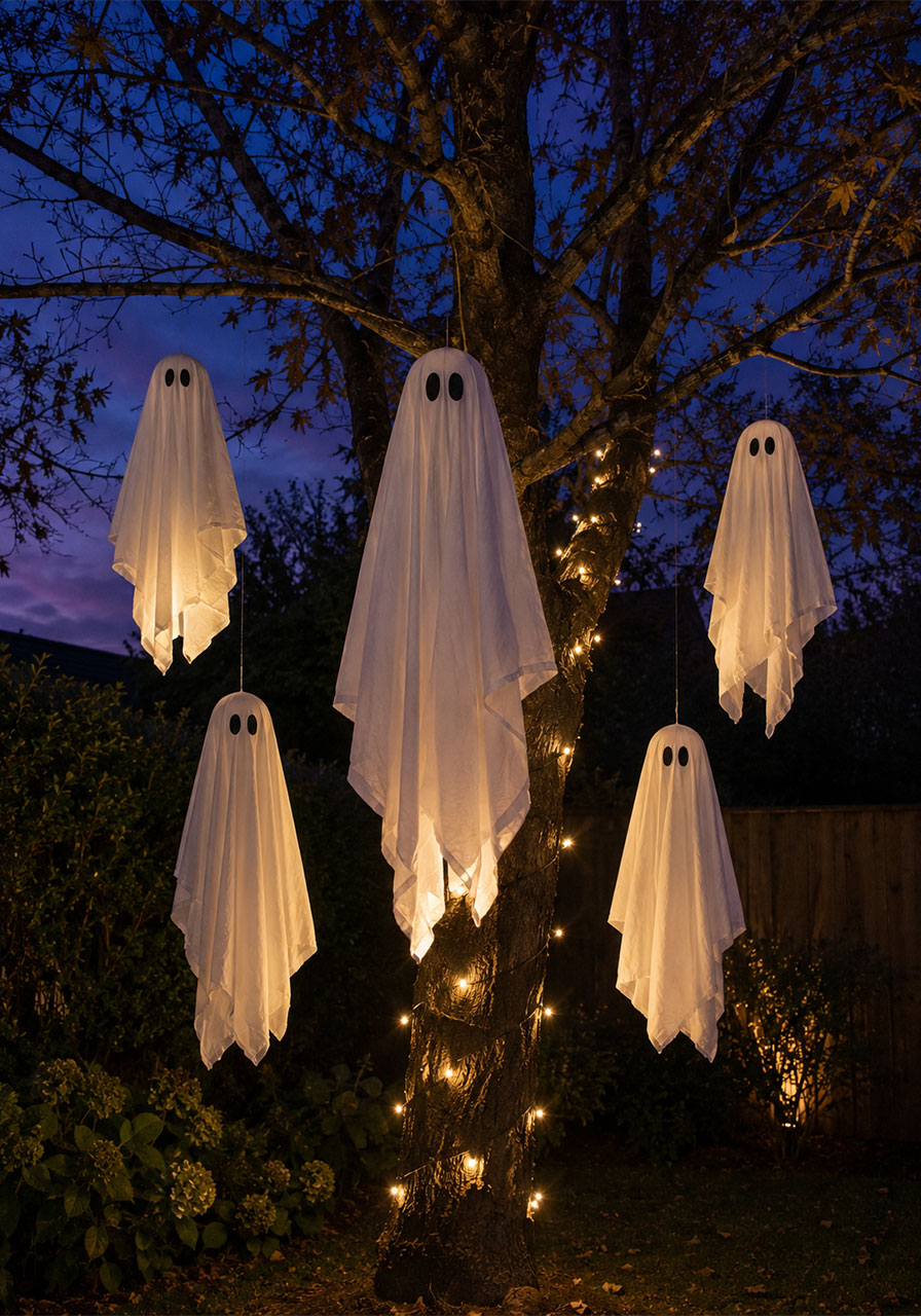 Floating white sheet ghosts hanging in backyard tree for Halloween