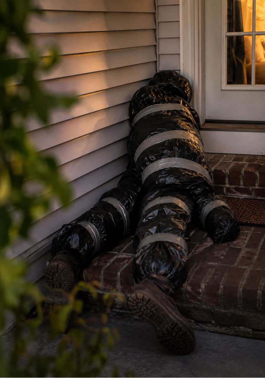 Life-size bagged body Halloween prop slumped on a front porch