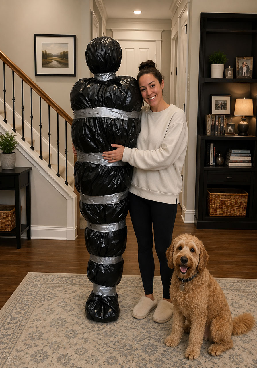 Finished life-size bagged body Halloween prop shown next to a person for scale