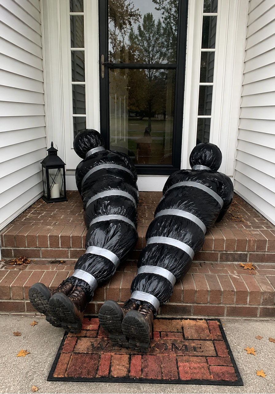 Bagged body Halloween prop placed near a porch column for a spooky doorstep display