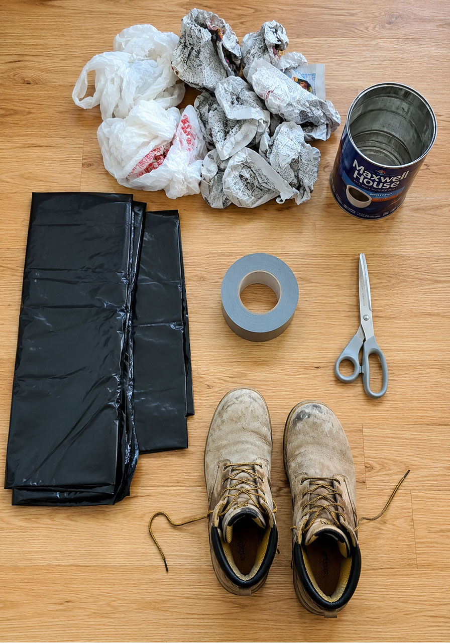 Supplies needed to make a DIY bagged body Halloween prop including contractor bags and duct tape
