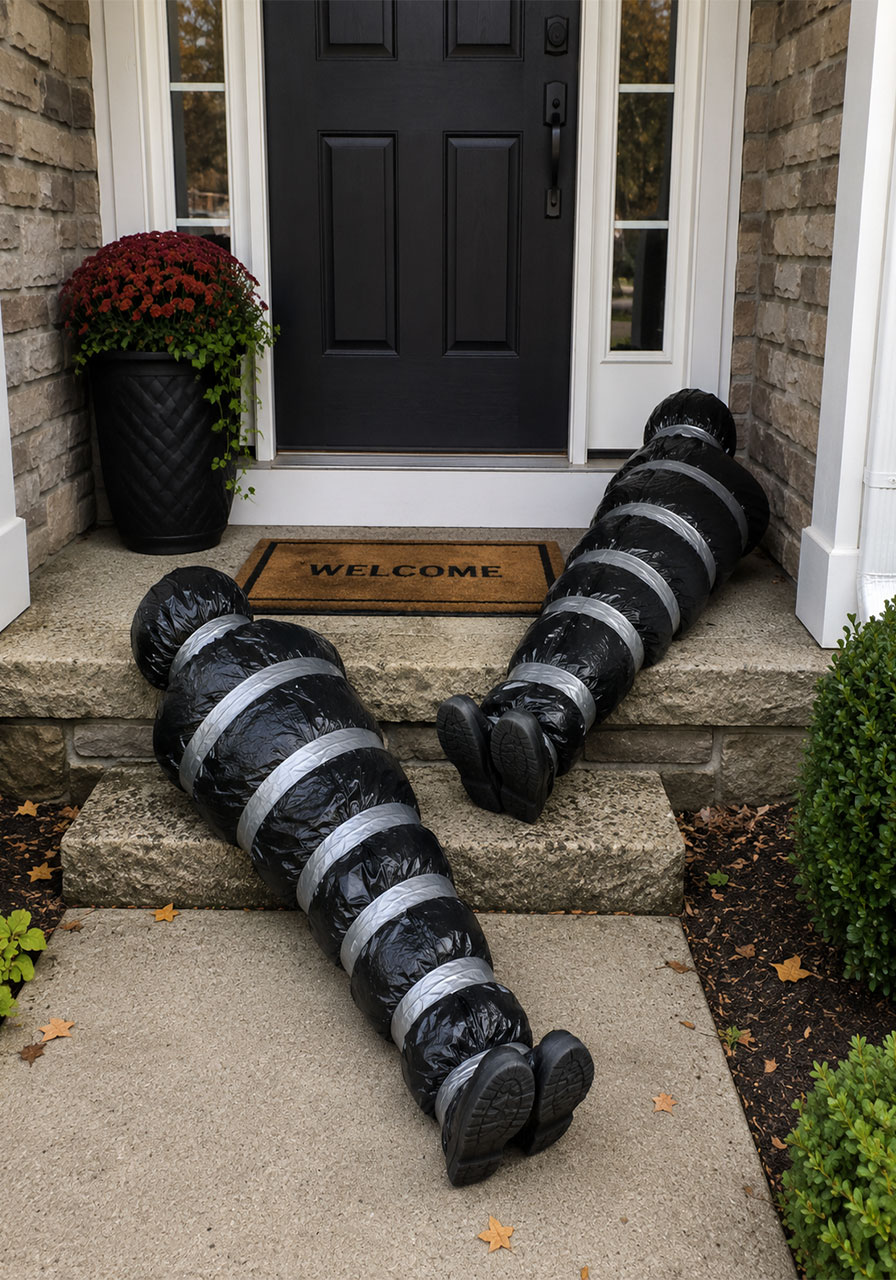 Two DIY bagged body Halloween props placed together on a front doorstep