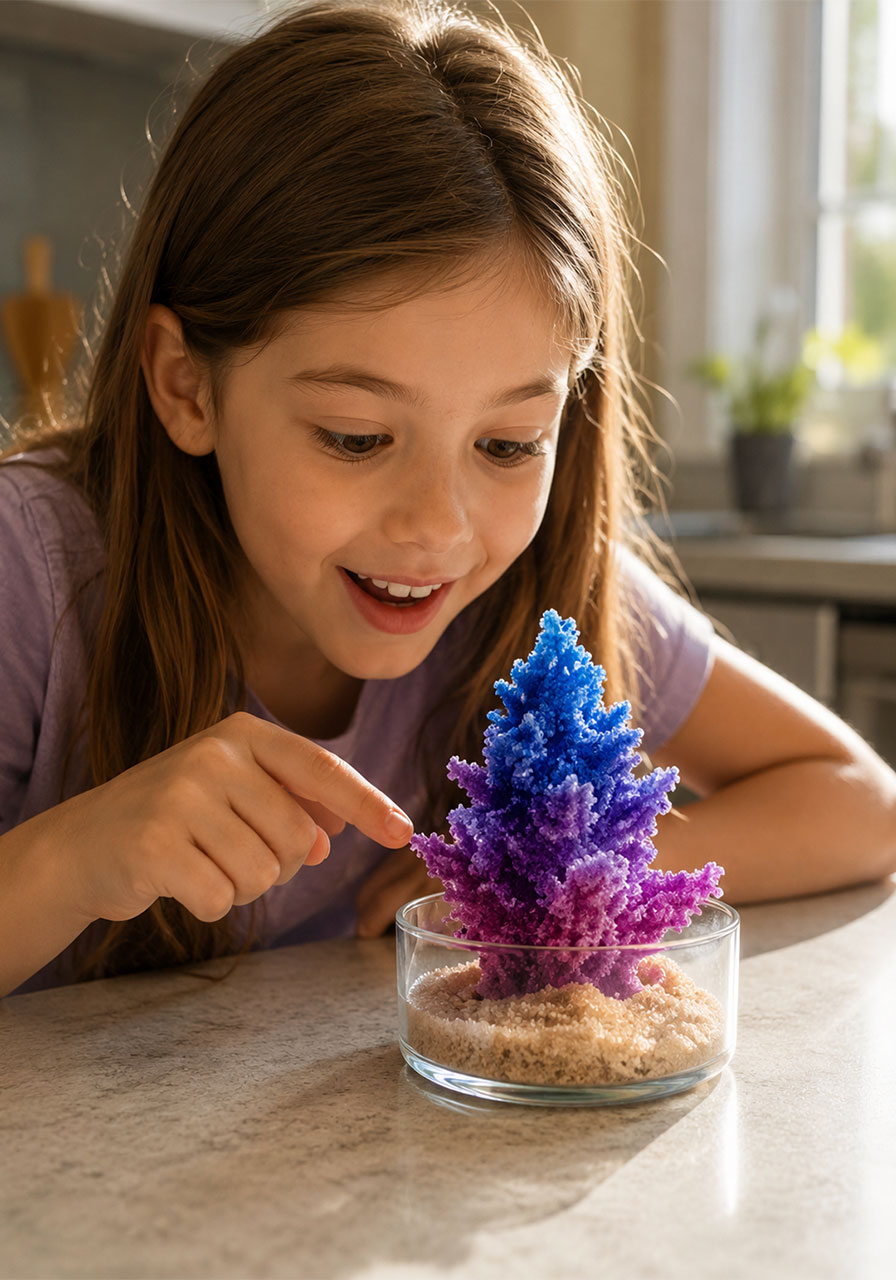 Child observing the finished baking soda growing tree science project