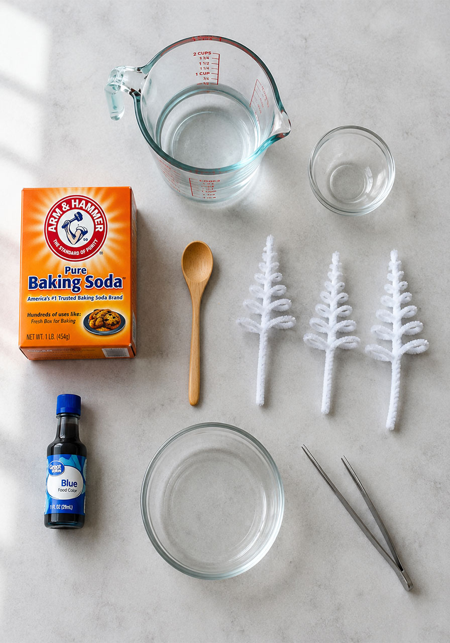 Materials needed for an easy baking soda growing tree kids science project