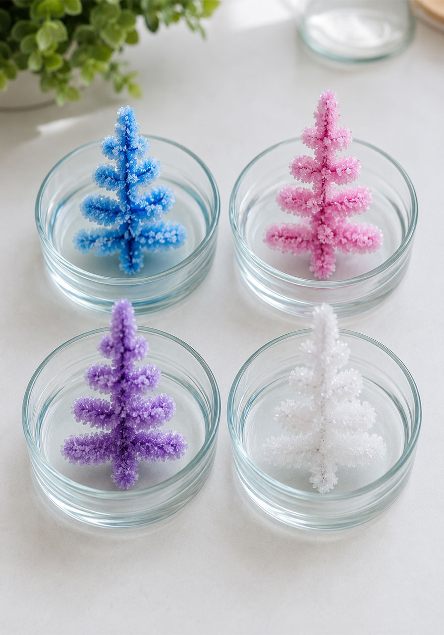 Colorful mini forest variation of the baking soda growing tree project