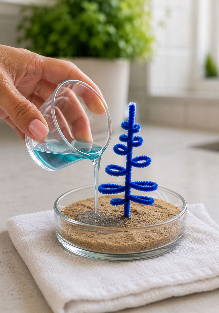 Pouring baking soda solution over the sand base to soak into the pipe cleaner tree