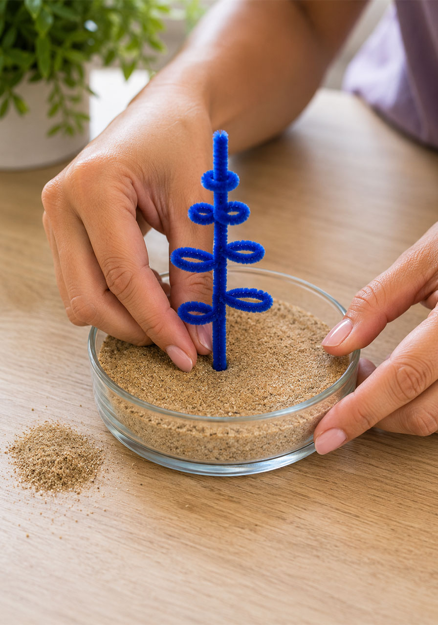 Anchoring the pipe cleaner tree into a sand base before pouring the solution
