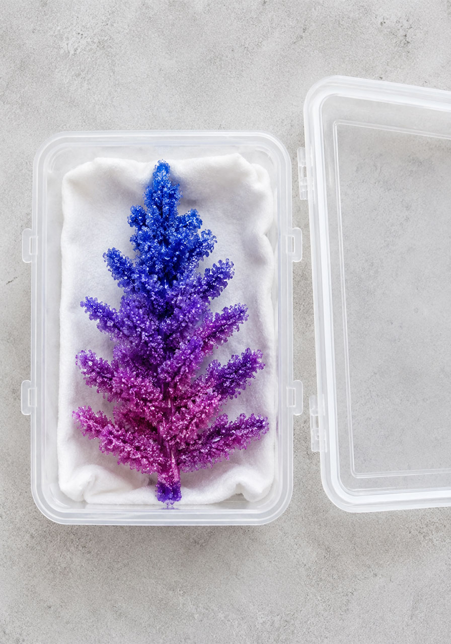 Storing a finished dried baking soda crystal tree in a display box