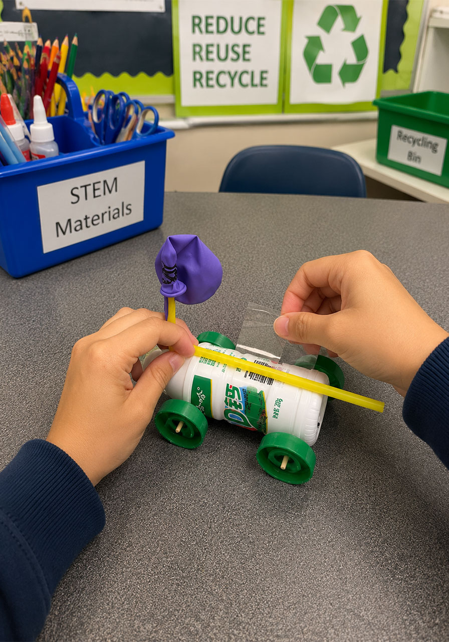 Taping the balloon and straw engine onto the recycled balloon car body part 1