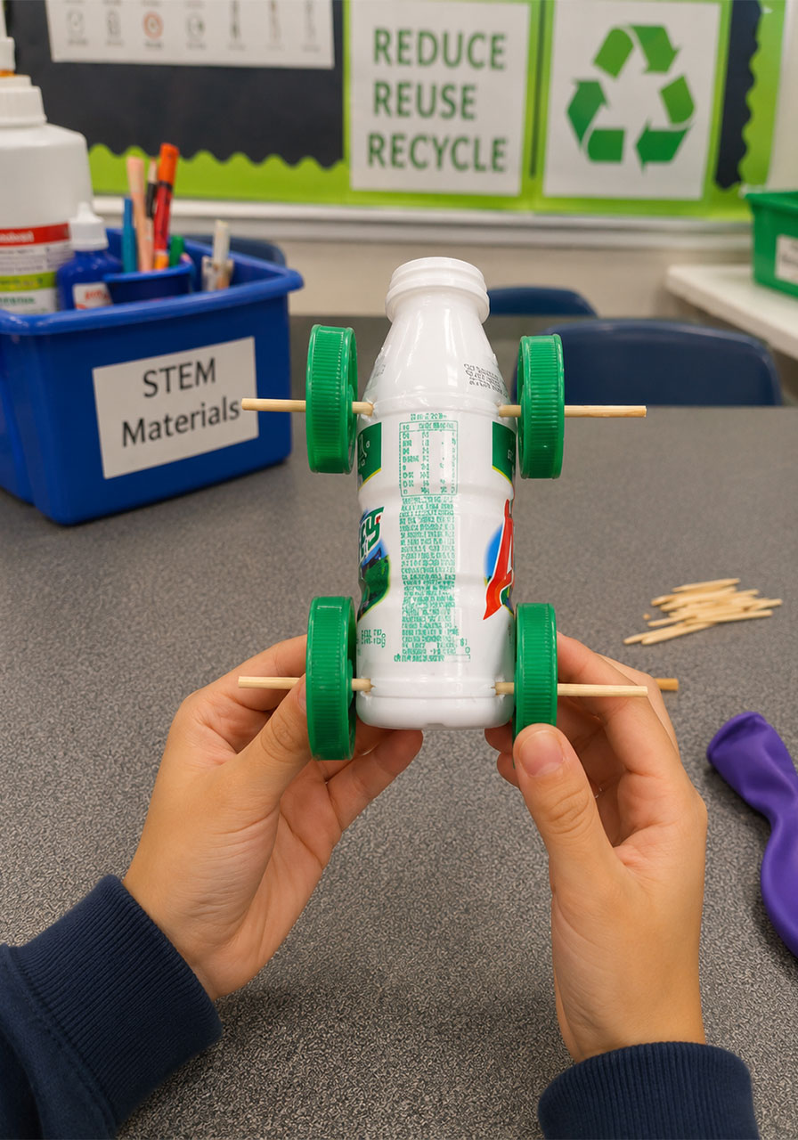 Attaching green bottle-cap wheels to the skewer axles of the recycled balloon car