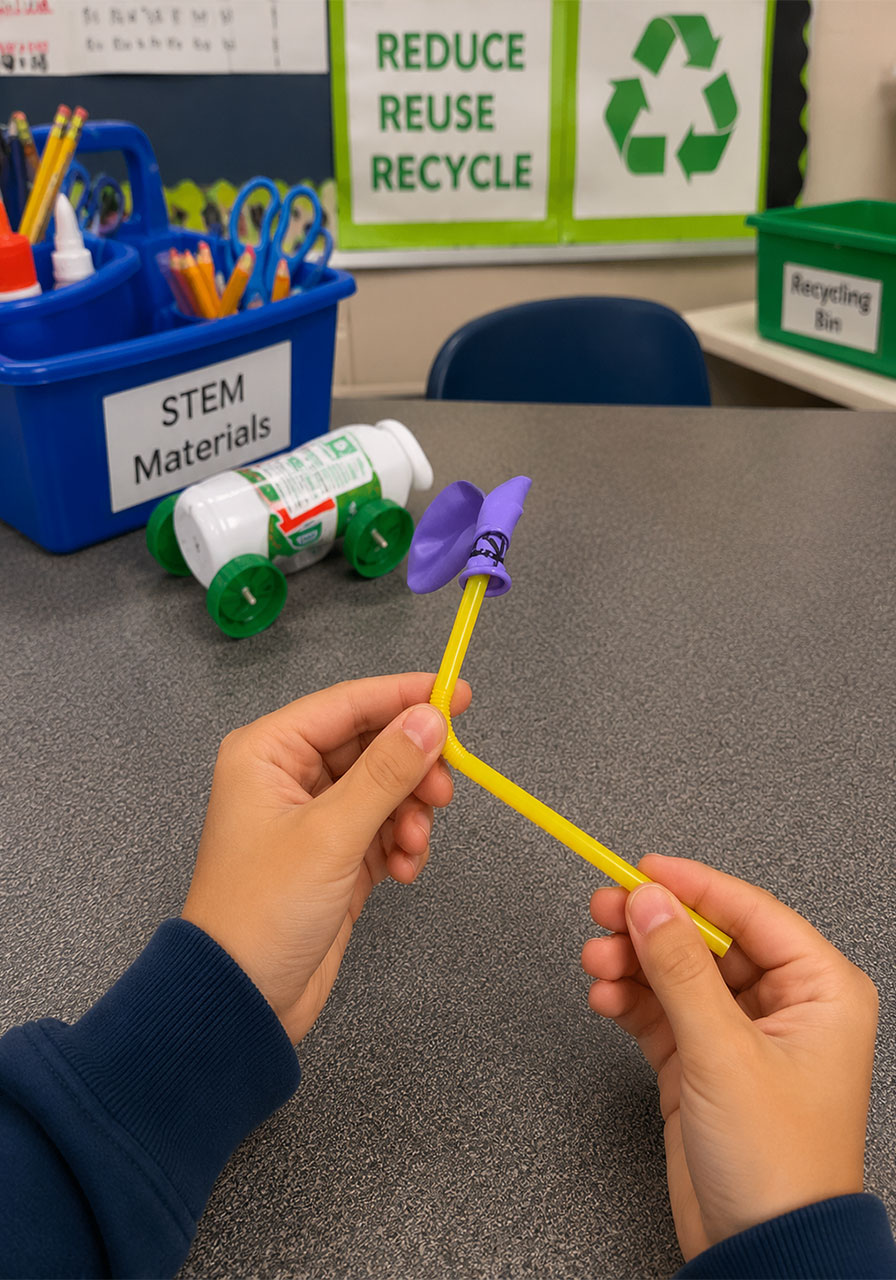 Attaching a bendy straw to a balloon to build the engine for the recycled car STEM activity