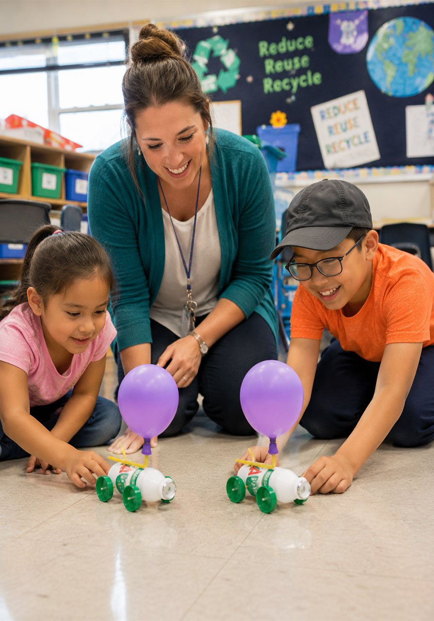 Teacher guiding students through a balloon car STEM activity in the classroom