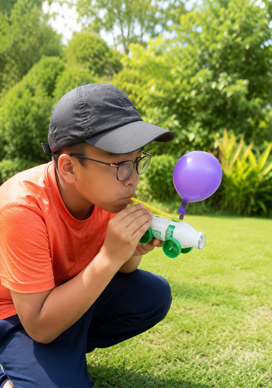 Child blowing up the balloon engine on a recycled STEM car outdoors