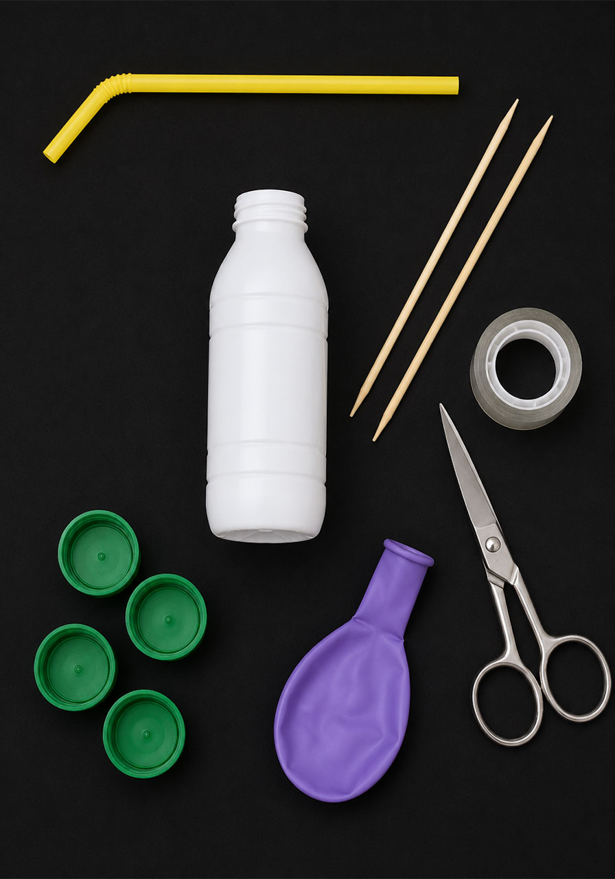 Materials needed for a simple recycled balloon car STEM activity: bottle, skewers, bottle caps, straw, balloon, and tape