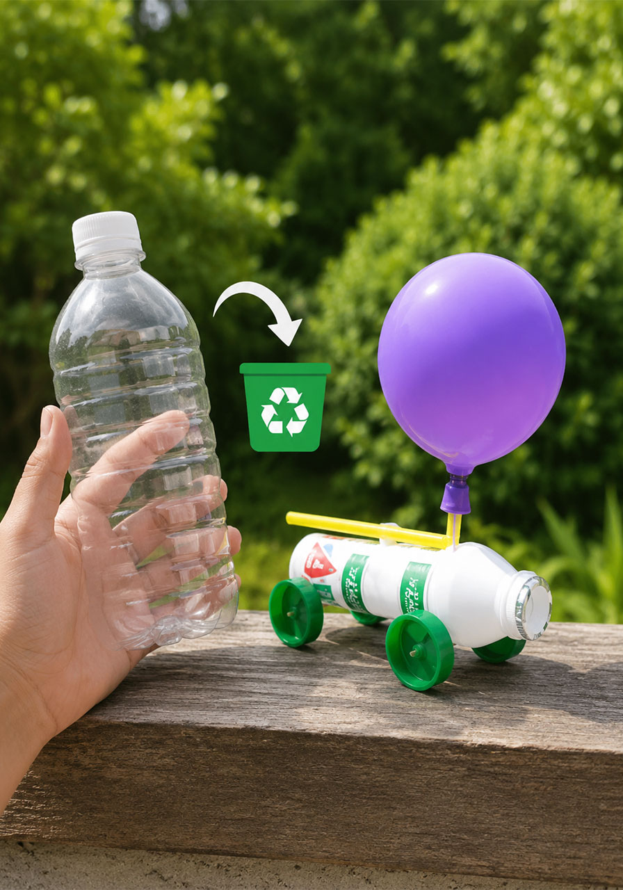 Turning a recycled plastic bottle into a fun balloon car STEM activity