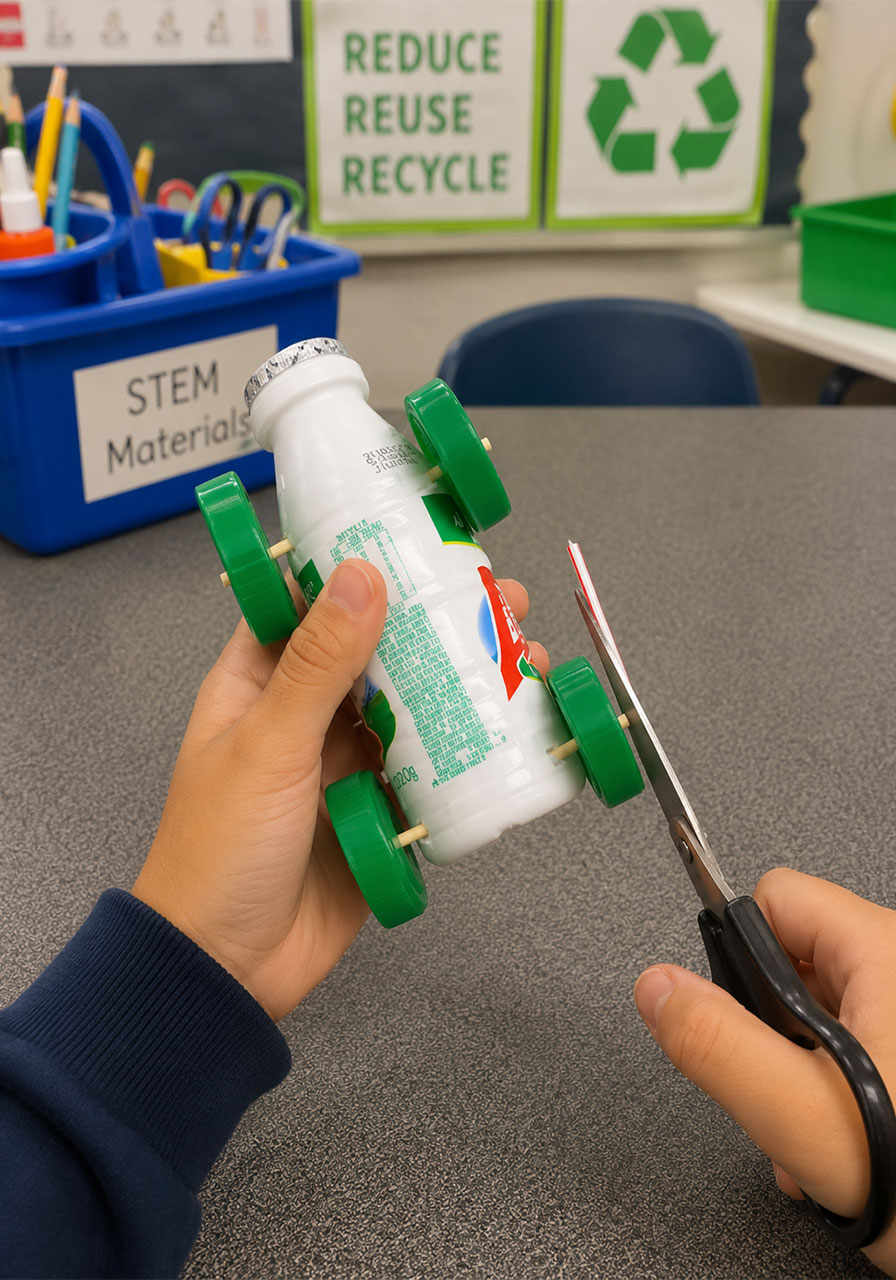 Trimming excess skewer from the wheels of the balloon car STEM project for safety