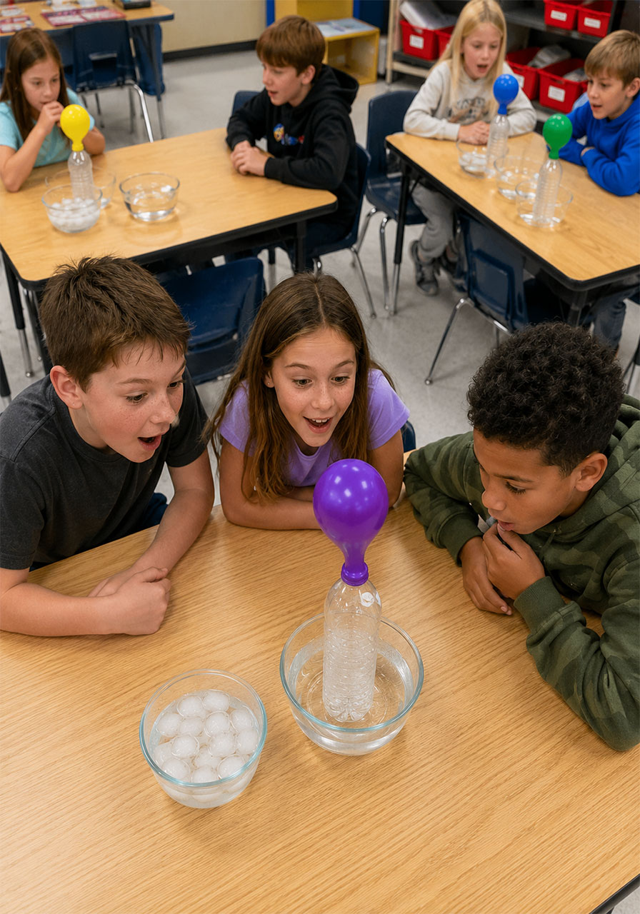 Kids in a classroom running the hot and cold balloon experiment at group stations
