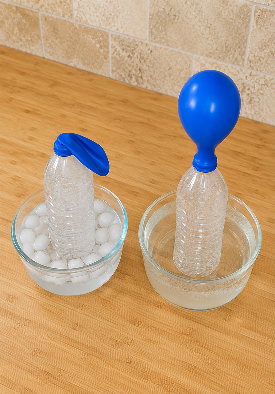 Side by side comparison of deflated balloon in cold water versus inflated balloon in hot water