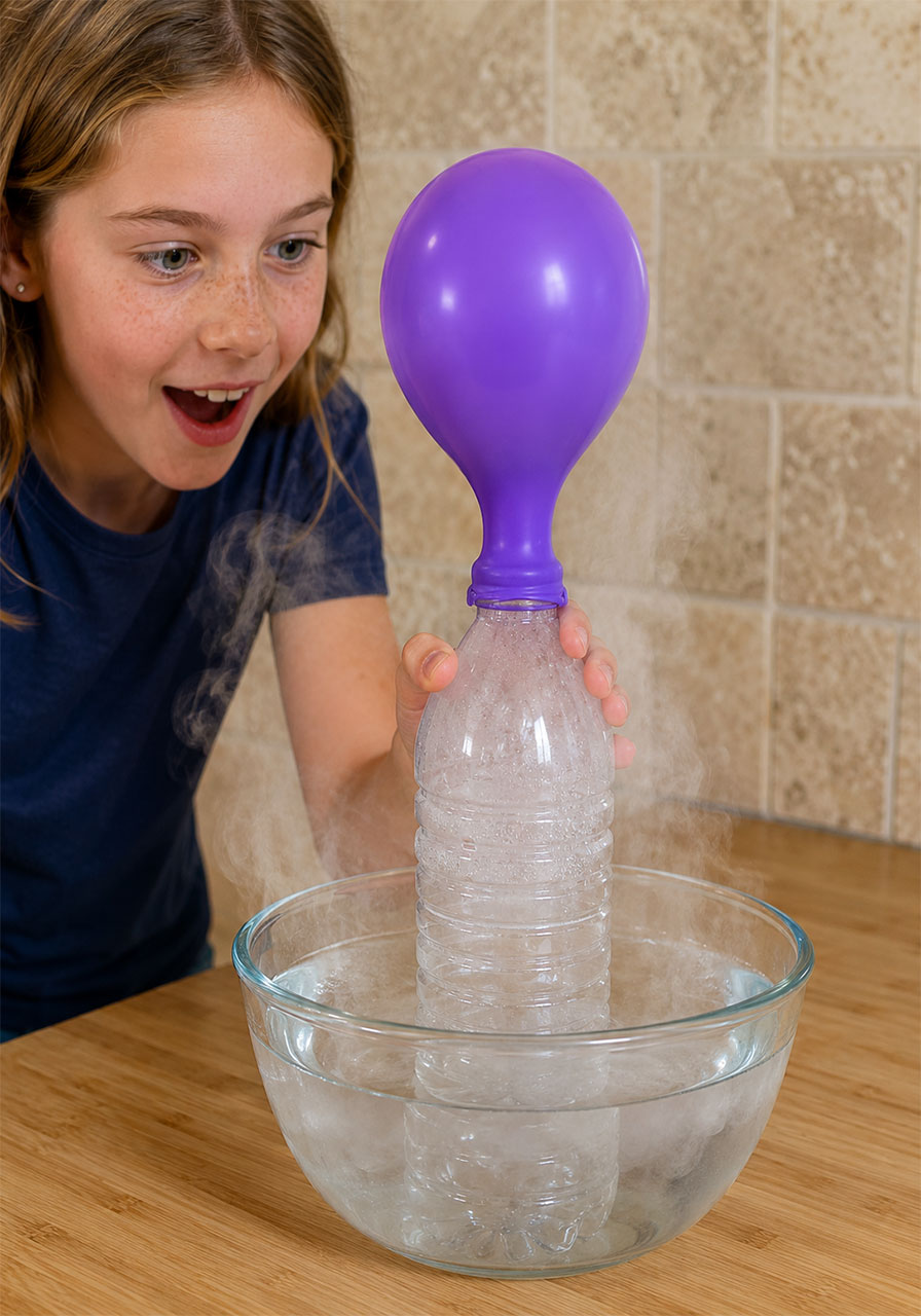 Balloon inflating on its own when water bottle is placed in hot water
