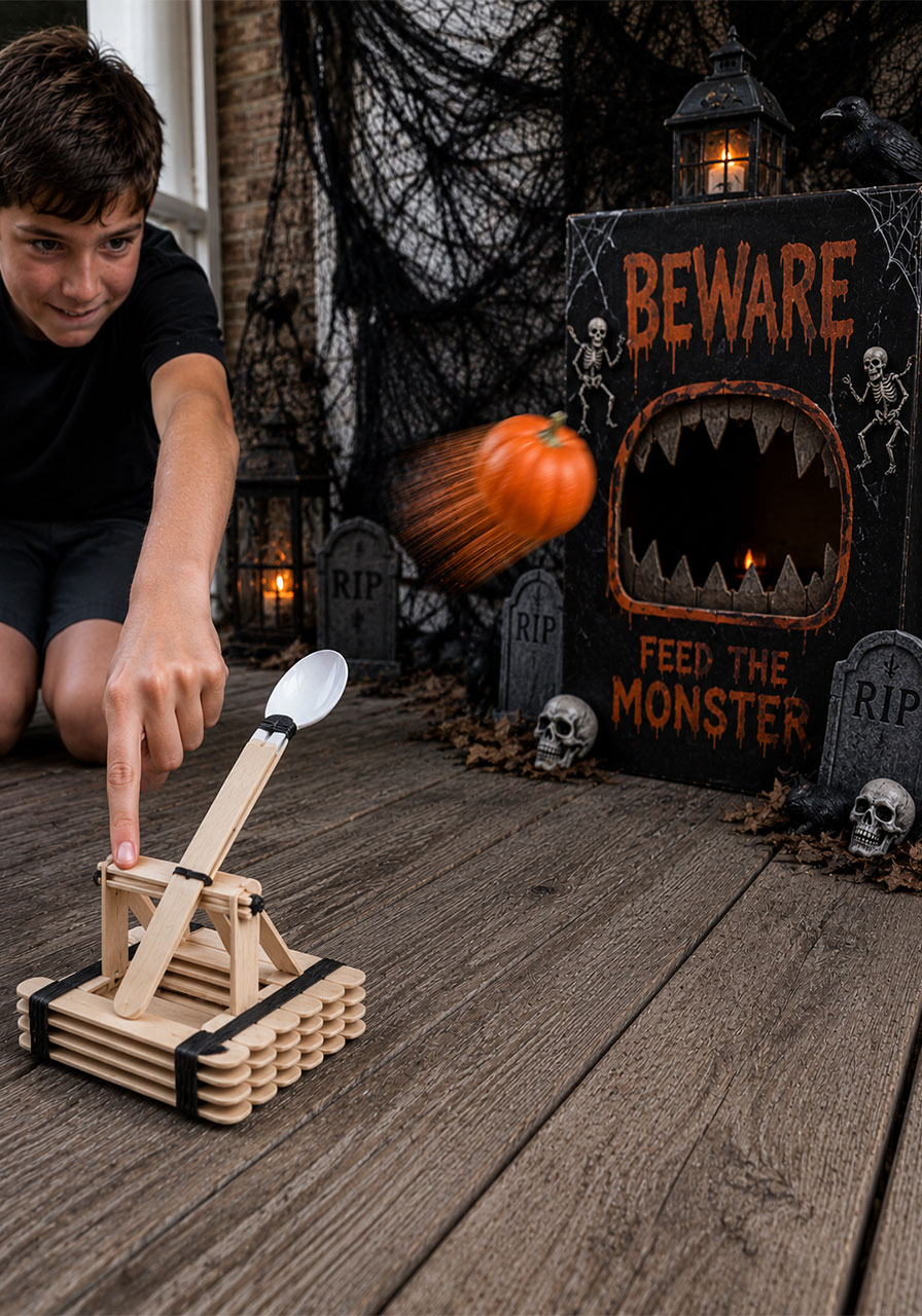 Kid building a popsicle stick catapult launching a mini pumpkin STEM activity