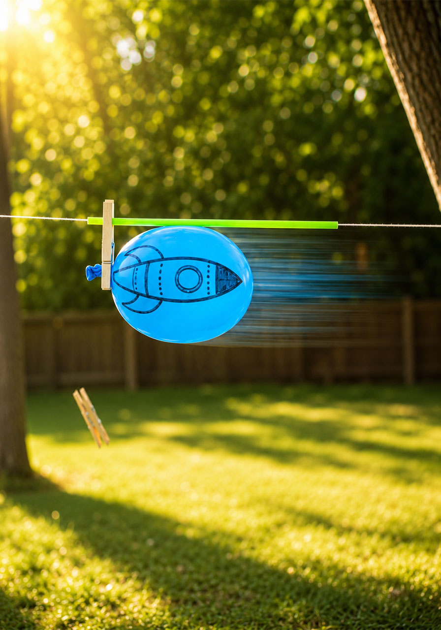 Balloon rocket in mid-flight zooming along a string during a hands-on STEM experiment