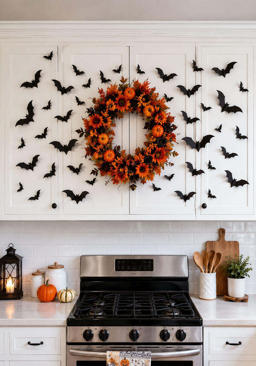 Black bat decals flying across white kitchen cabinets around an orange Halloween wreath
