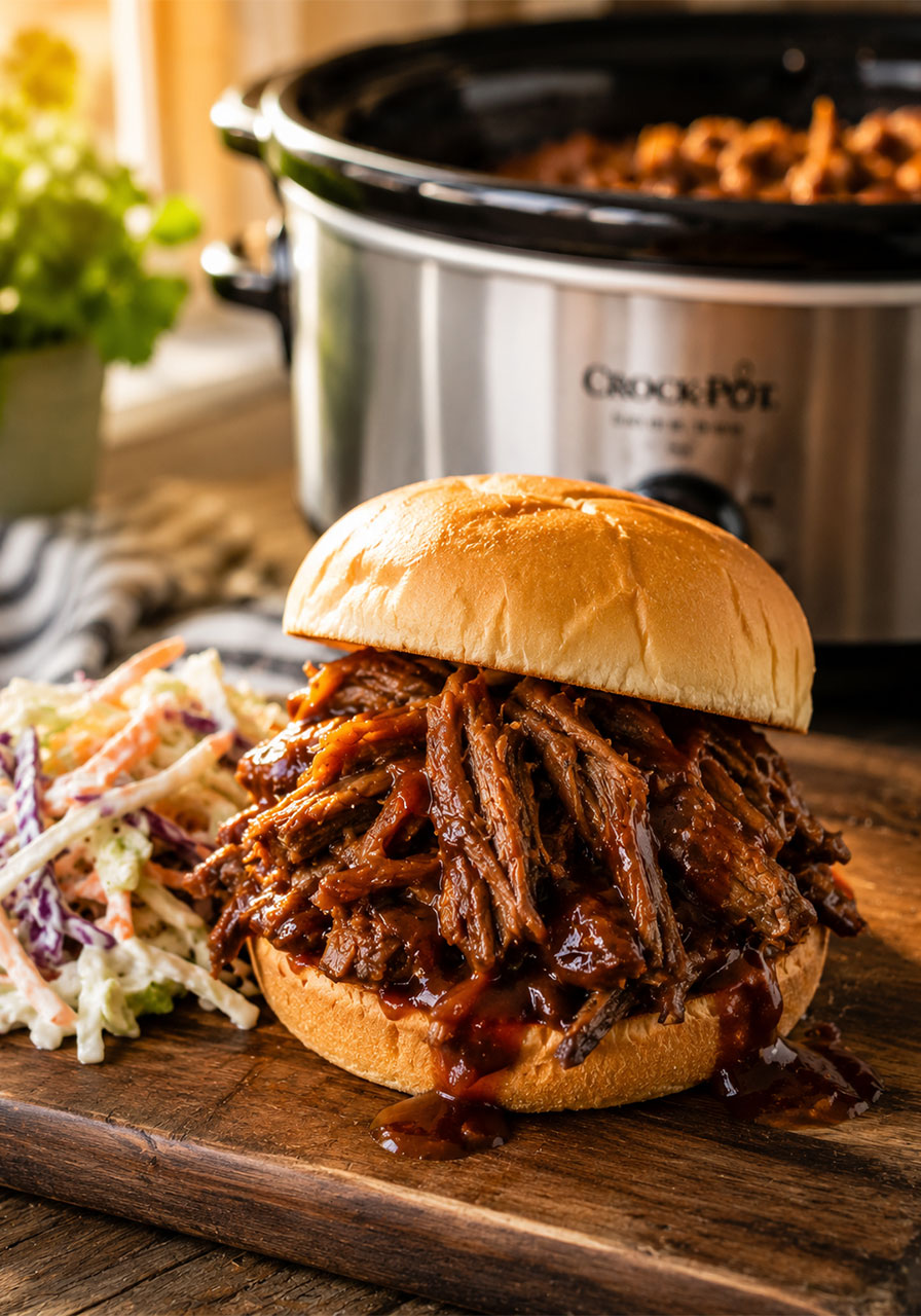 BBQ beef sandwich made in the crockpot with coleslaw