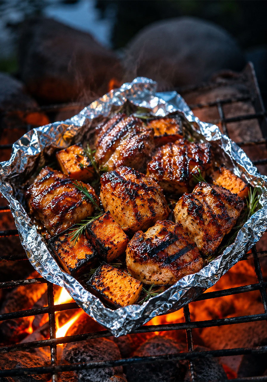 BBQ chicken and sweet potato foil pack meal cooking on campfire grill