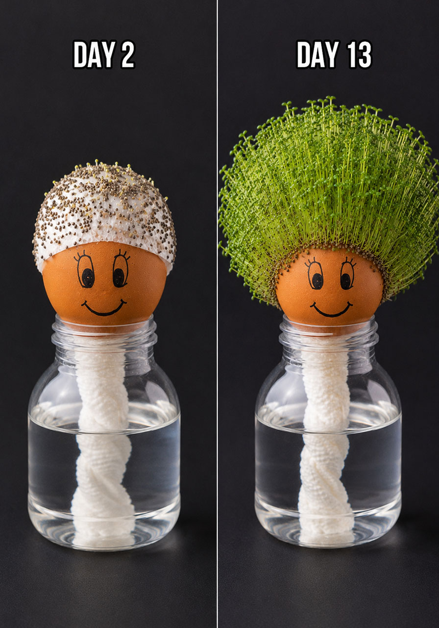 Before and after: chia seed egg head growth from day 2 to day 13