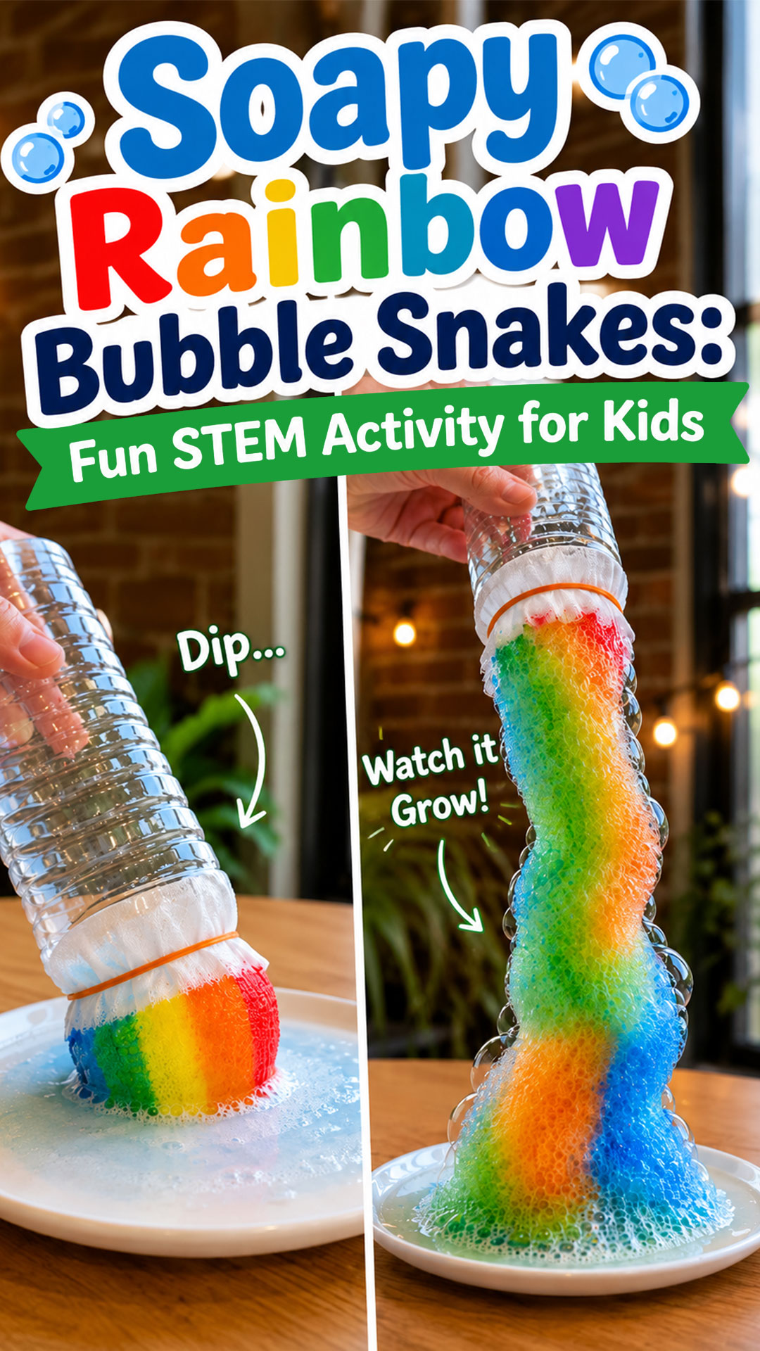Before and after comparison of plain bottle versus finished rainbow bubble snake