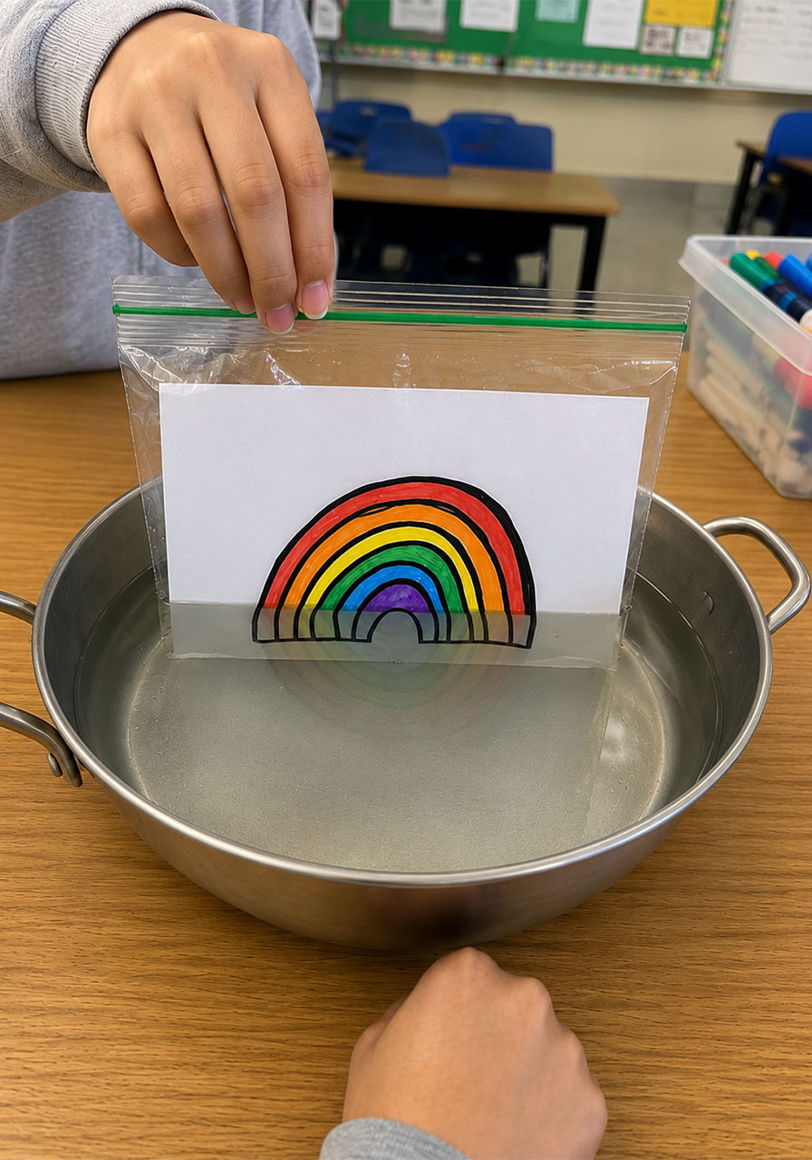 Before and after comparison showing rainbow colors disappearing underwater during refraction experiment