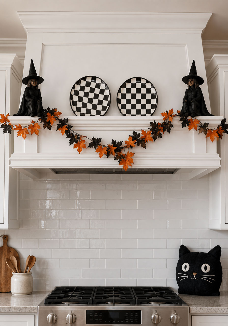 Black witch figurines and orange leaf garland styled on a kitchen range hood mantel for Halloween