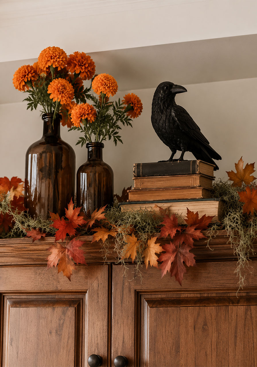 Black crow figurine and orange marigolds styled above wooden cabinets for a fall Halloween look