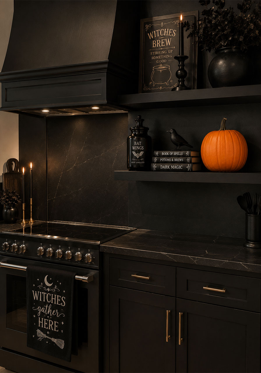 Single bold orange pumpkin styled against black kitchen shelving for modern Halloween decor