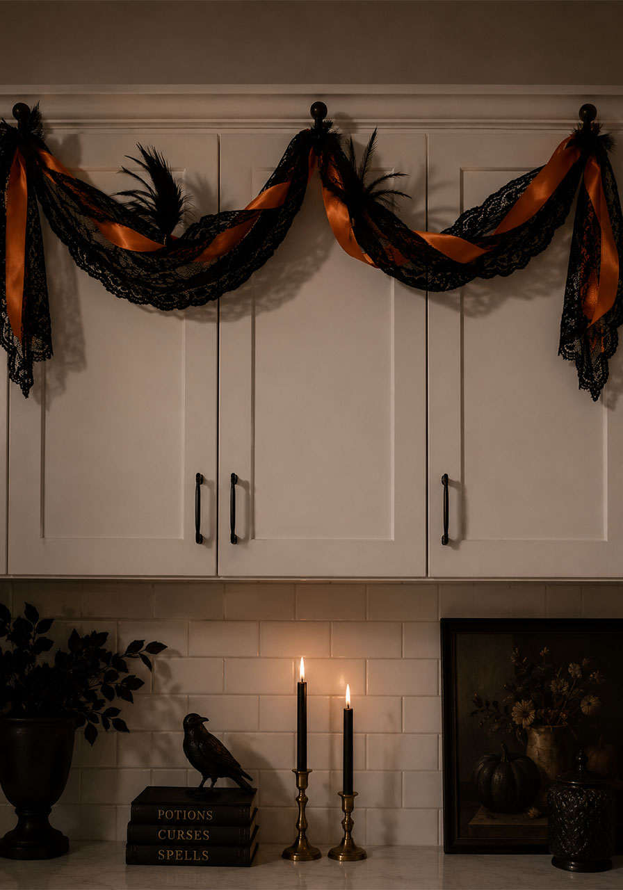Black lace and orange ribbon garland draped elegantly along kitchen cabinets for Halloween
