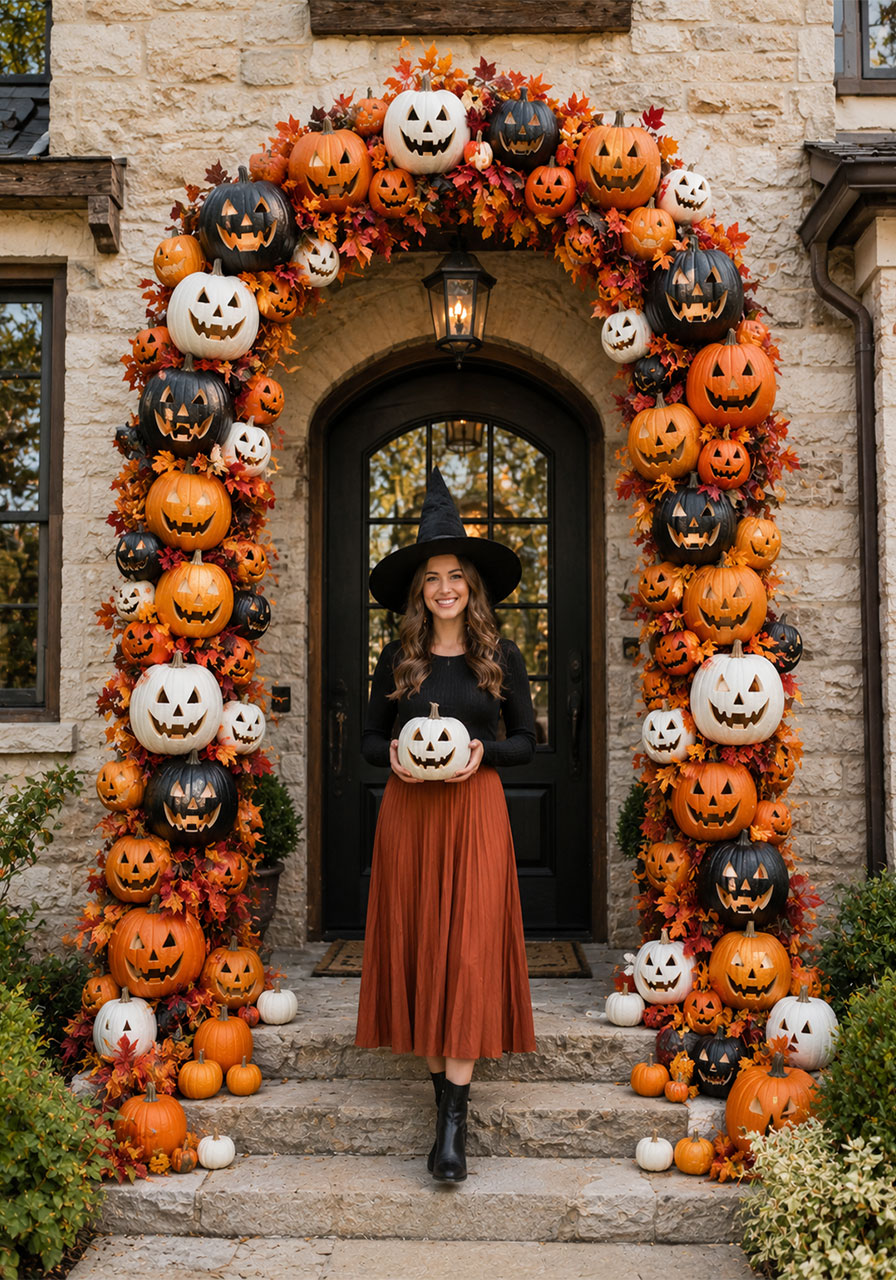 Bold black, white, and orange pumpkin arch Halloween porch display