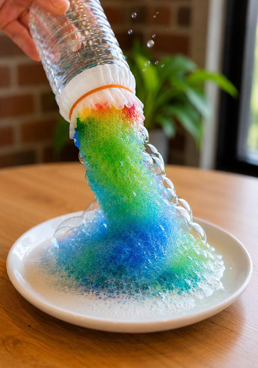 Child blowing into bottle to create a rainbow bubble snake foam tower