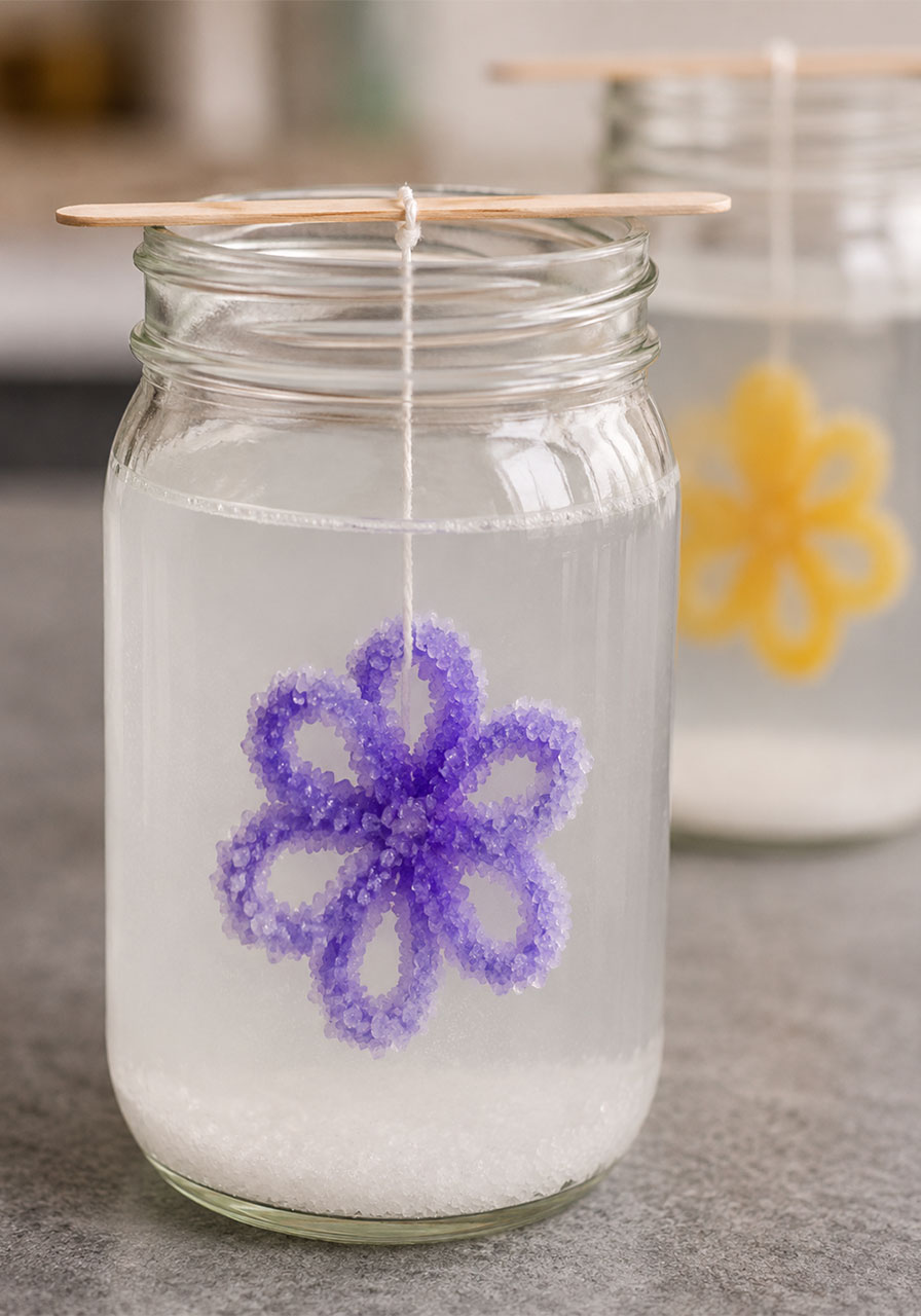 Purple borax crystals forming on a pipe cleaner shape after several hours in solution