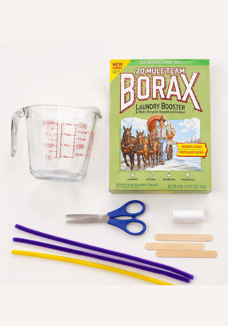 Materials needed to make borax crystals including borax box, pipe cleaners, and mason jar