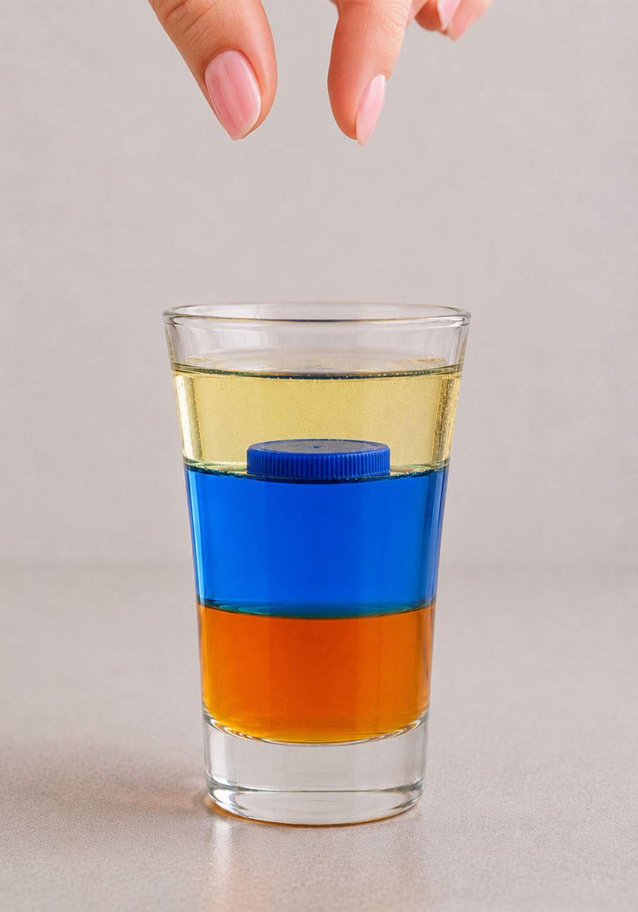 Plastic bottle cap floating on top of the water layer in the density experiment