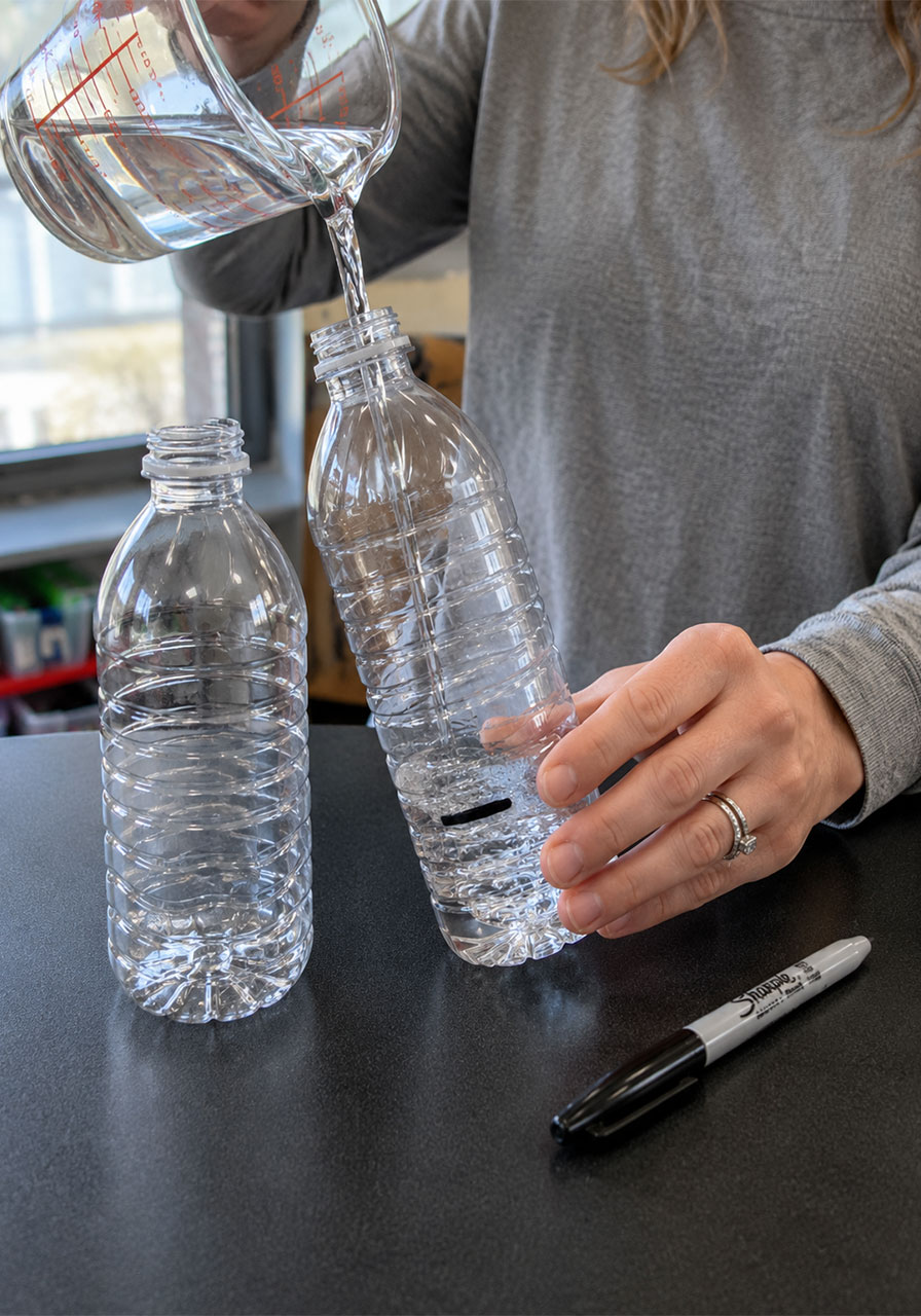 Teacher marking water levels on plastic bottles for STEM bottle flipping activity