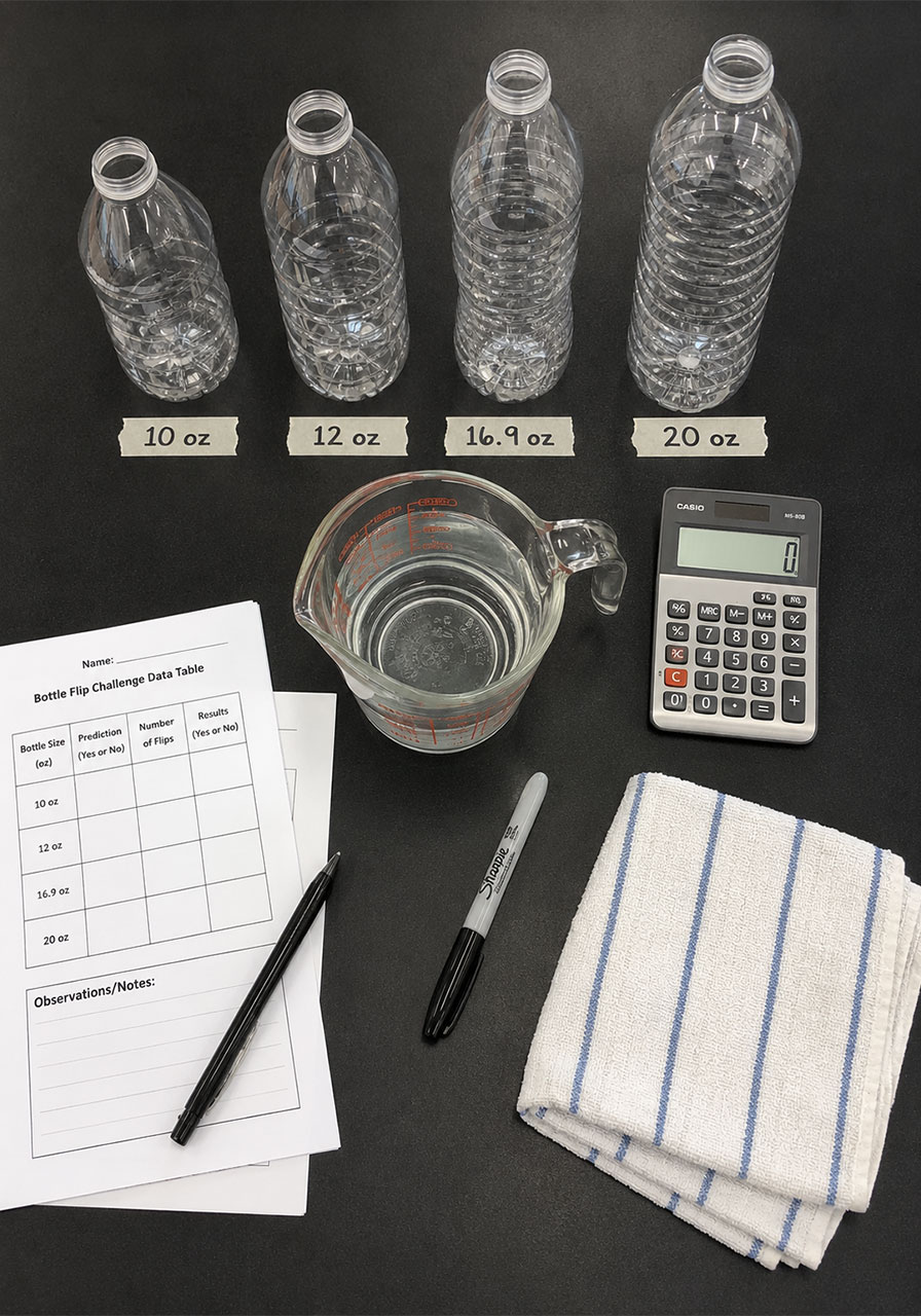 Materials needed for bottle flipping STEM challenge including bottles, measuring cup, and data sheets